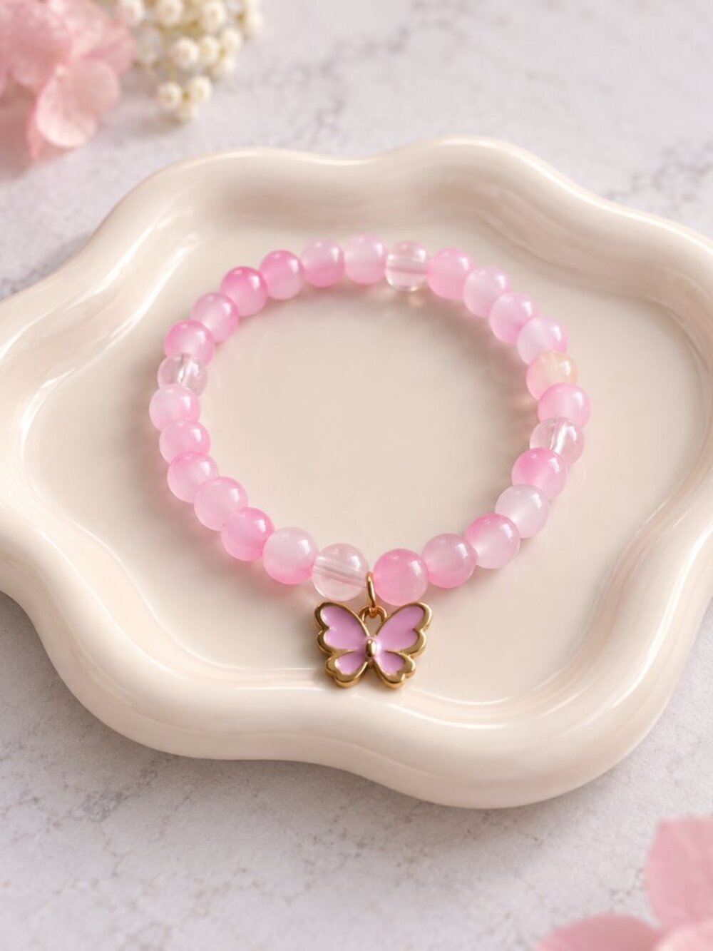 Pink Butterfly Kids Bracelet, Handmade Beaded Bracelet, 5 inches